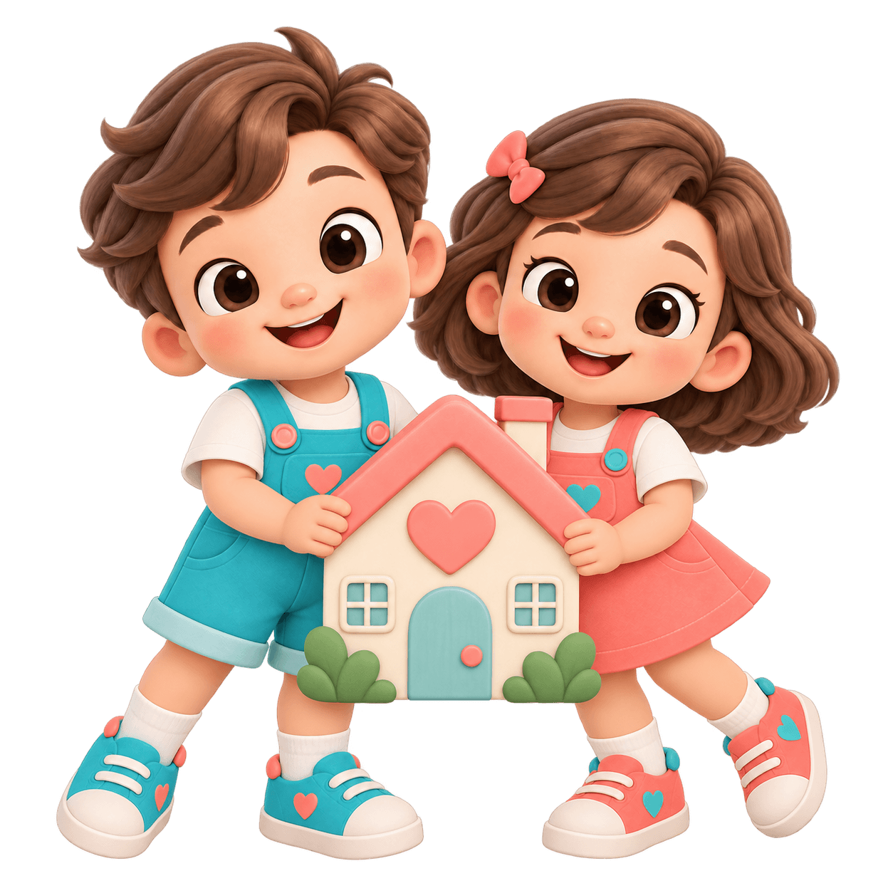 Cali et Bulle portant une petite maison, symbole de la MAM