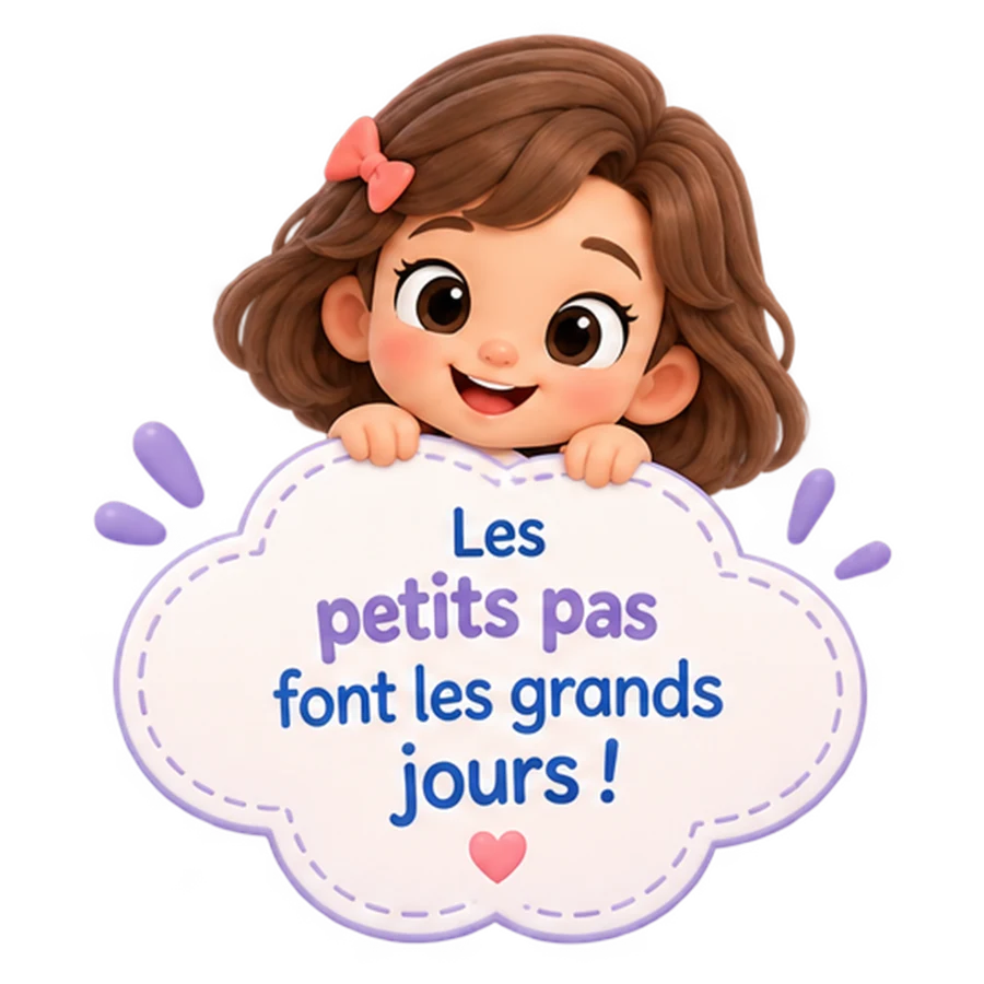 Bulle, la mascotte de Calibulle, avec un petit mot : les petits pas font les grands jours
